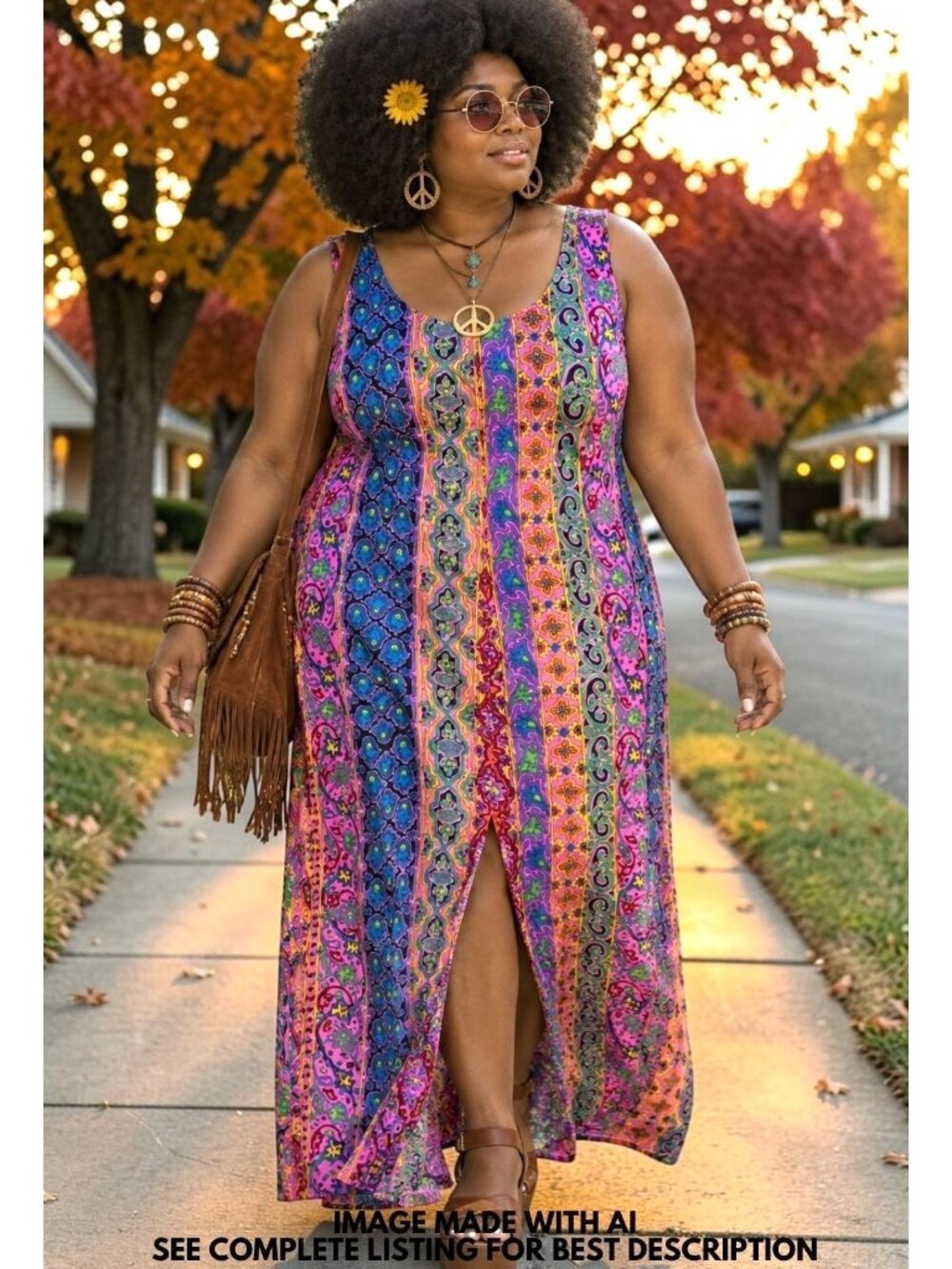 VTG Handmade Psychedelic Sleeveless Dress 2X Plus Size Bark Cloth Center Slit
